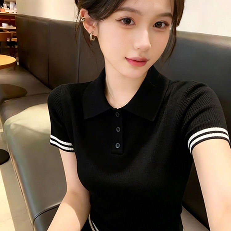 빛 요리 한 부드러운 핑크색 폴로 칼라 반팔 니트 스웨터 여성 여름 고유 한 Chic 슬림해 보이는 다용도 티셔츠 인사이드 가져 가라. 언더 코트