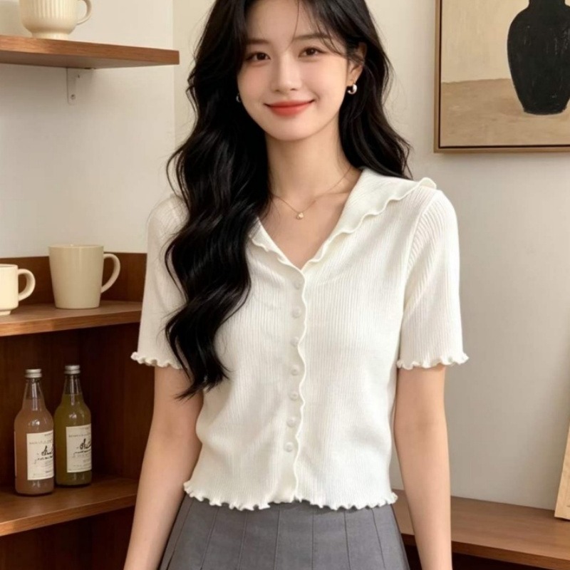 2026 년 여름 새로운 디자인 센스 한 부서 뒤집다 V넥 프릴 디자인 센스 반팔 오픈 가디건
