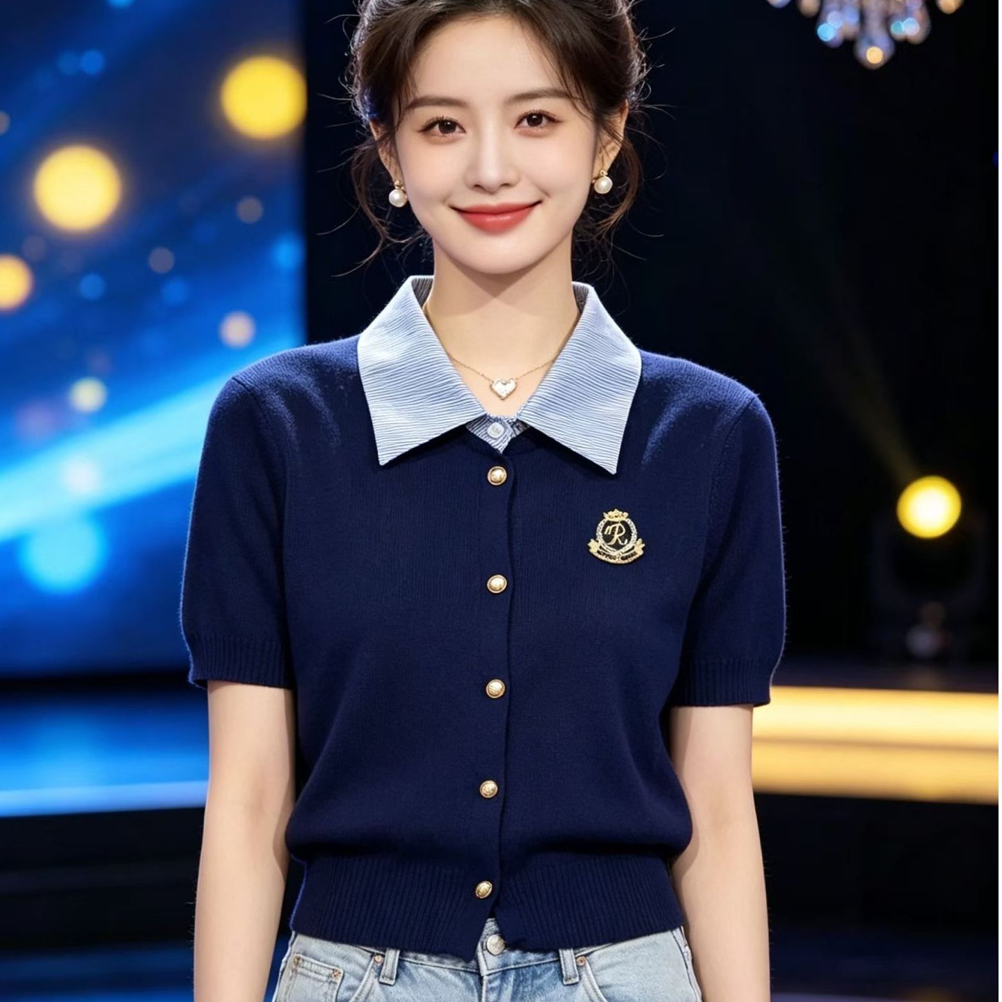 2026 년 여름 새로운 디자인 센스 달콤함 학원 스타일 셔츠 칼라 패치워크 자수 니트 반팔 오픈 가디건