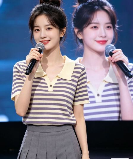 2026 년 여름 새로운 디자인 센스 패션 뒤집다 V넥 배색 스트라이프 니트 루즈핏 풀오버 반팔
