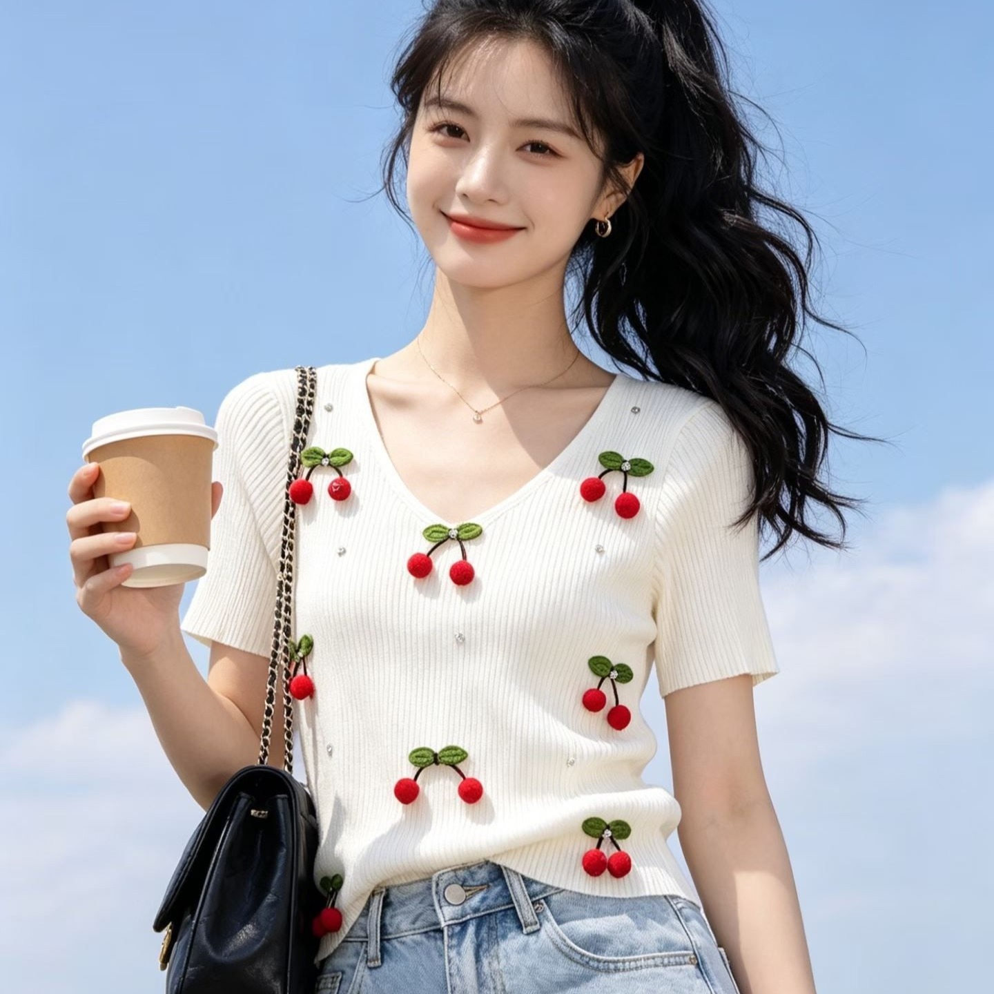2026 년 여름 디자인 센스 달콤함 작은 샤넬 스타일 분위기 센스 V넥 3 차원 체리 비즈 박기 니트 풀오버 반팔