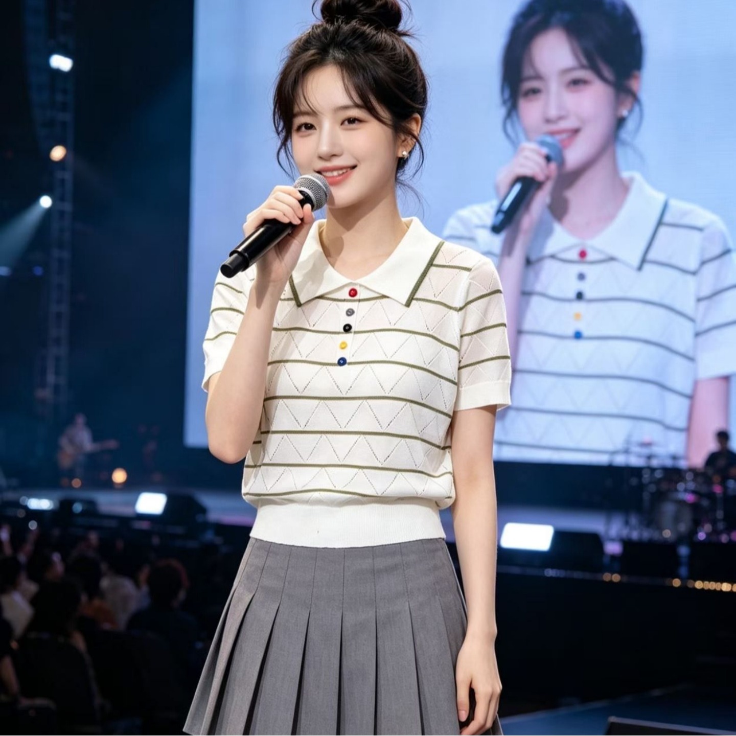 2026 년 여름 디자인 센스 패션 POLO 칼라 색상 단추 물결무늬 홀로우 아웃 니트 스트라이프 풀오버 반팔
