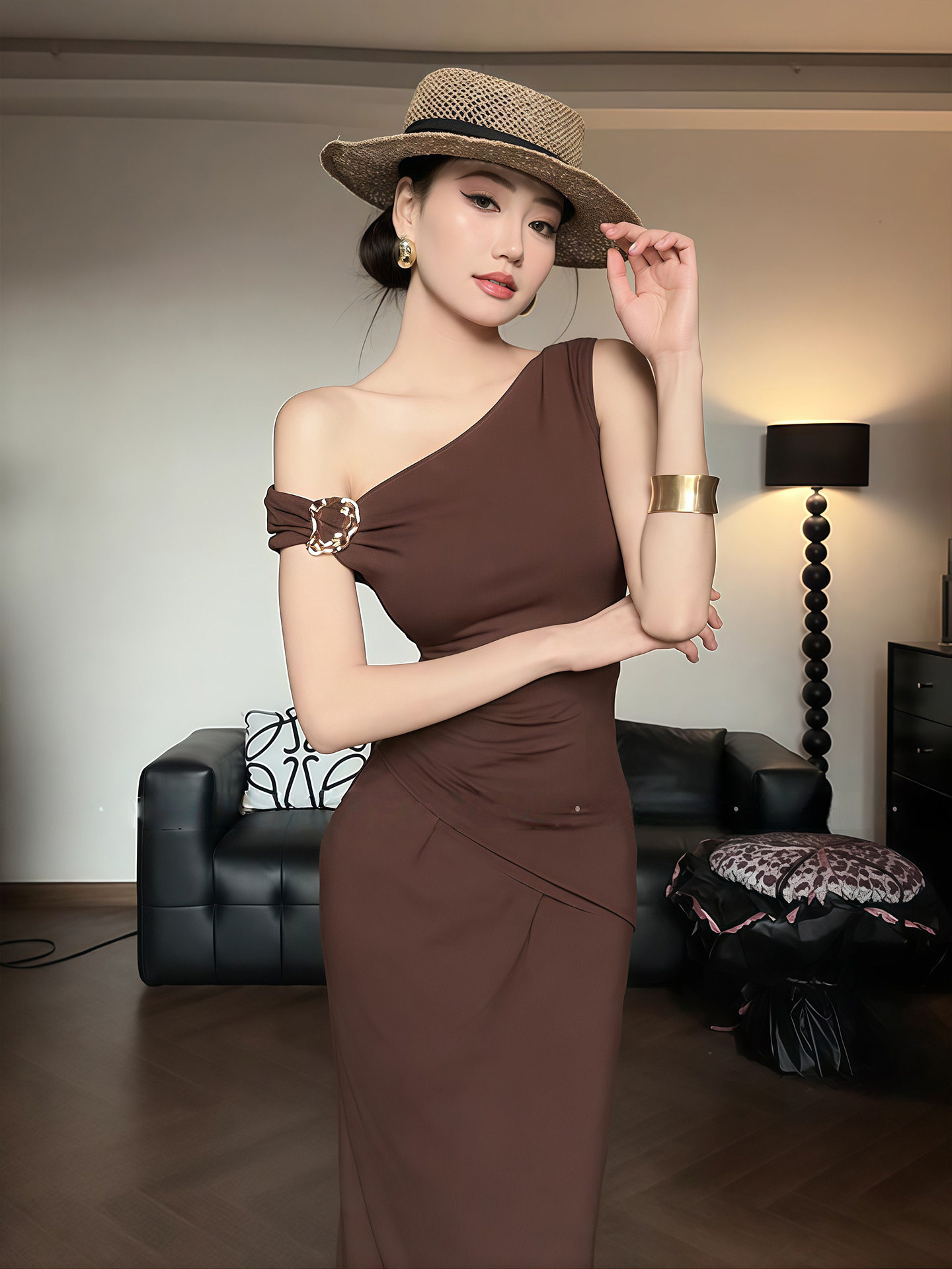 레트로 품격 주름 허리 수축 비스듬한 어깨 오프숄더 여성 드레스 봄 새로운 몸매 가꾸기 슬림해 보이는 길다 치마 타이트 스커트