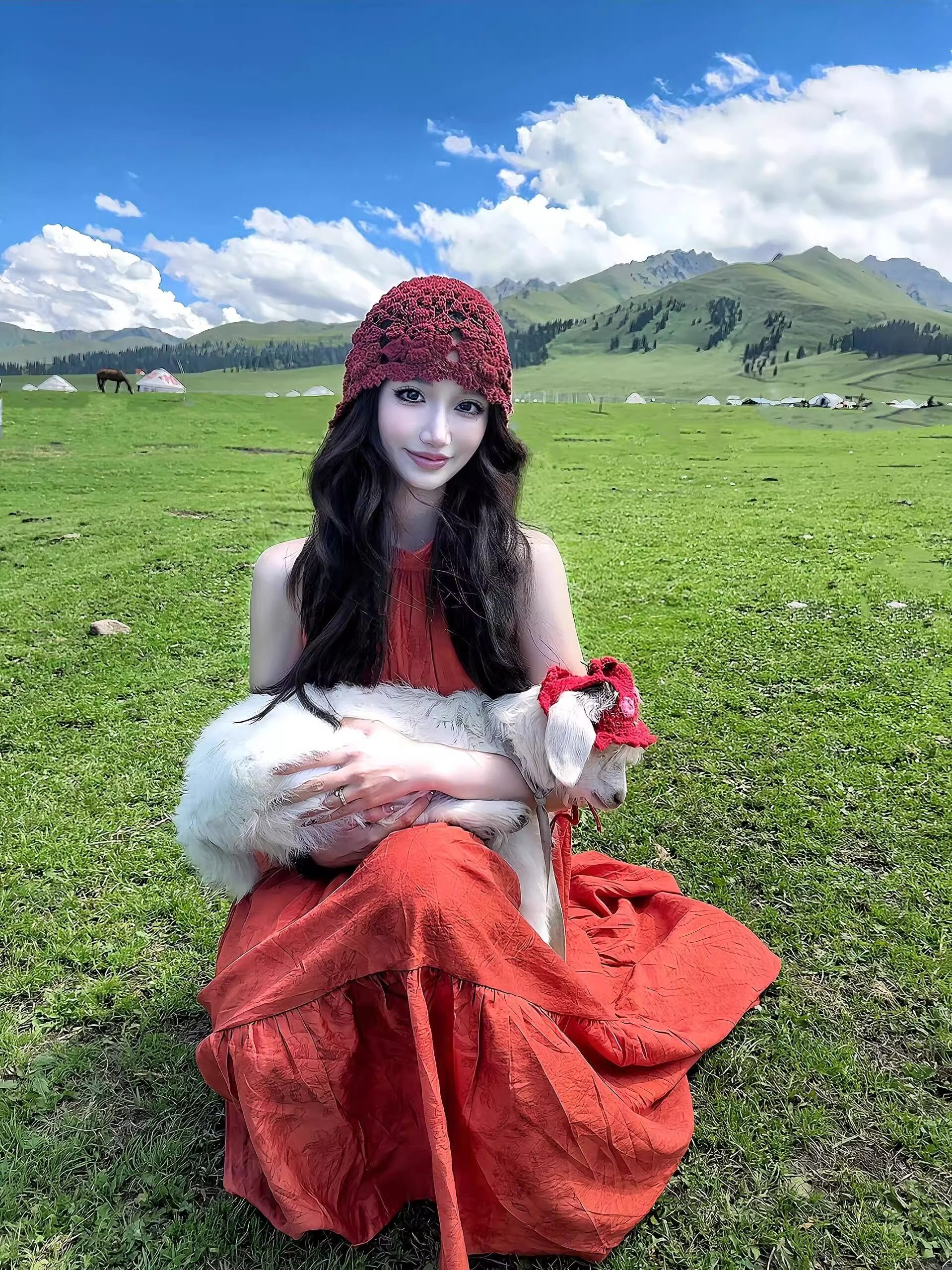 새로운 중식 레트로 국풍 자카드 빨간색 행침 목 여성 드레스 여름 해변가 휴가 품격 대 스윙 길이 치마