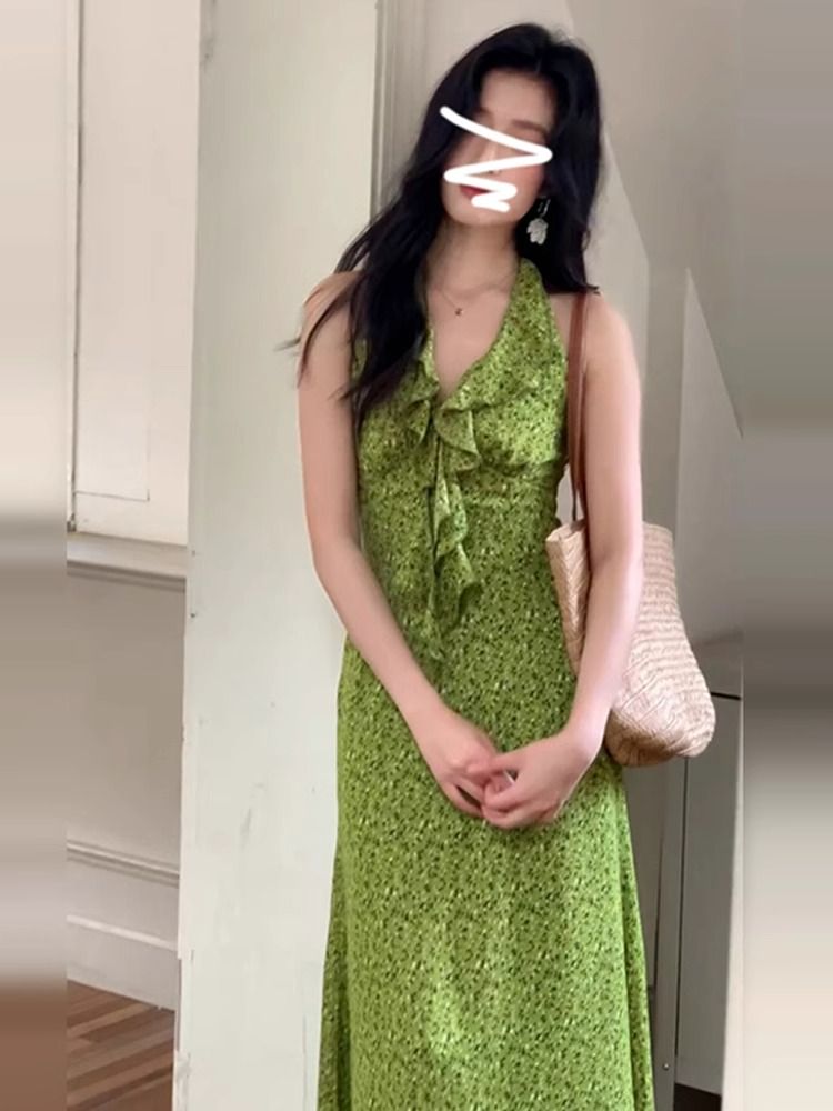 녹색 프랑스식 V넥 민소매 행침 목 꽃무늬 점프 슈트 치마 여성 의류 여름 2026 새로운 해변가 휴가 롱 스커트
