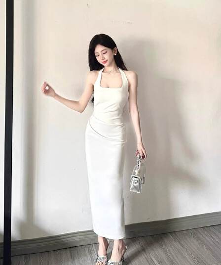 프랑스식 광장 칼라 화이트 행침 목 슬립 드레스 아이들 허리 수축 품격 고급 센스 몸매 가꾸기 휴가 롱 스커트 여름