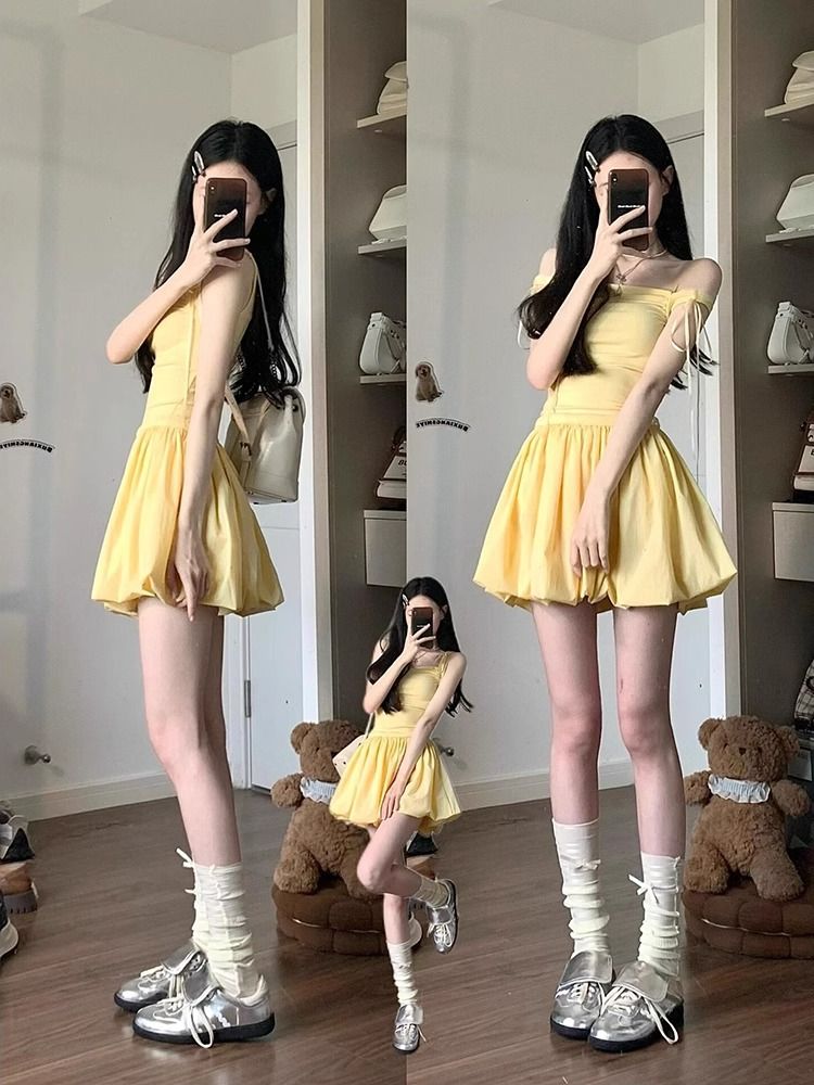 거위 옐로우 나비 넥타이 슬립 여성 드레스 여름 첫사랑 달콤함 디자인 센스 한 마디 꽃밭 퍼프 미니 스커트