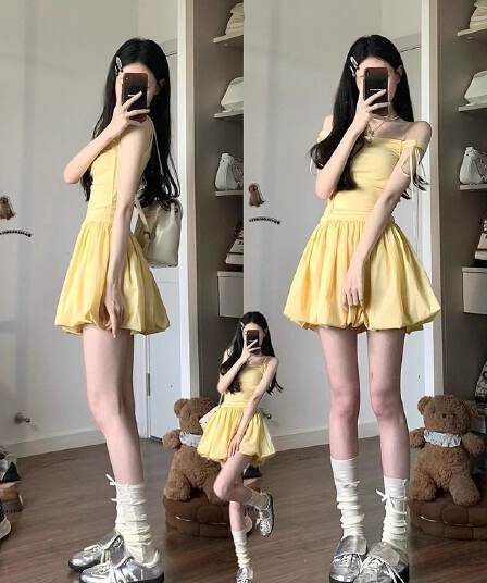 거위 옐로우 나비 넥타이 슬립 여성 드레스 여름 첫사랑 달콤함 디자인 센스 한 마디 꽃밭 퍼프 미니 스커트