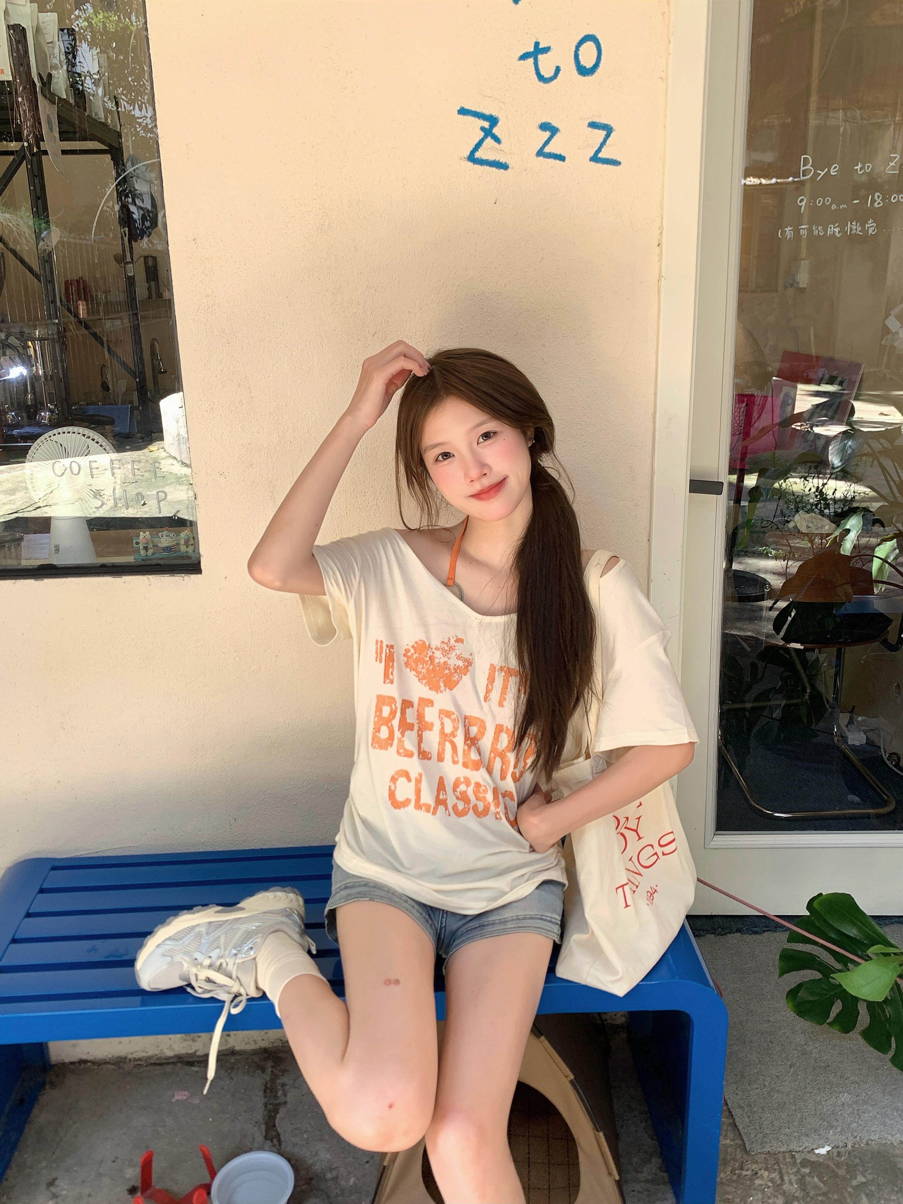 원본 원단 아메리칸 핫걸 도파민 V넥 반팔 모달 티셔츠 여성
