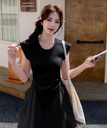 여름 청 순수한 시스템 2026 고유 한 아름다운 꼬집기 허리 새로운 반팔 한 마디 작은 키 아름다운 미니 스커트 여성 드레스