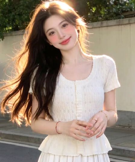 도파민 황색 반팔 니트 스웨터 여성 여름 얇은 스타일 디자인 센스 다용도 몸매 가꾸기 슬림해 보이는 라운드 넥 단추 맨위