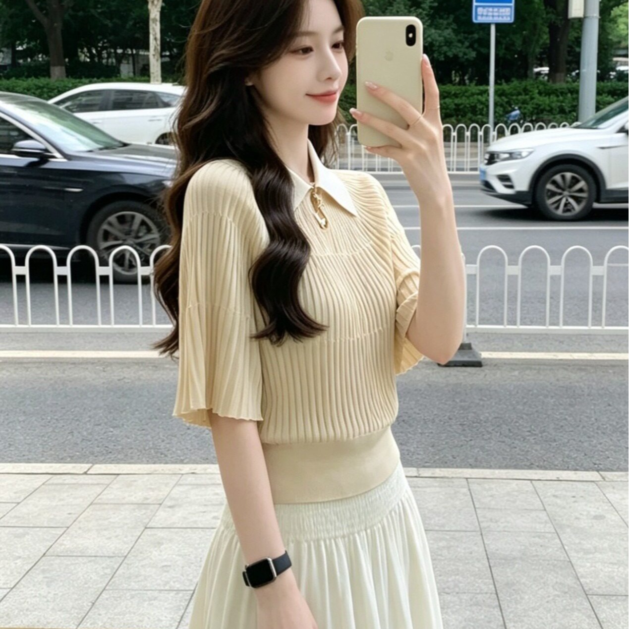 오래된 돈 바람 폴로 칼라 니트 반팔 티셔츠 여성 여름 2026 새로운 느슨함 센스 루즈핏 슬림해 보이는 망토 맨위