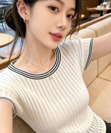 프랑스식 부드러운 바람 배색 스트라이프 라운드 넥 반팔 니트 스웨터 여성 몸매 가꾸기 슬림해 보이는 쇼트 스타일 디자인 센스 다용도 맨위