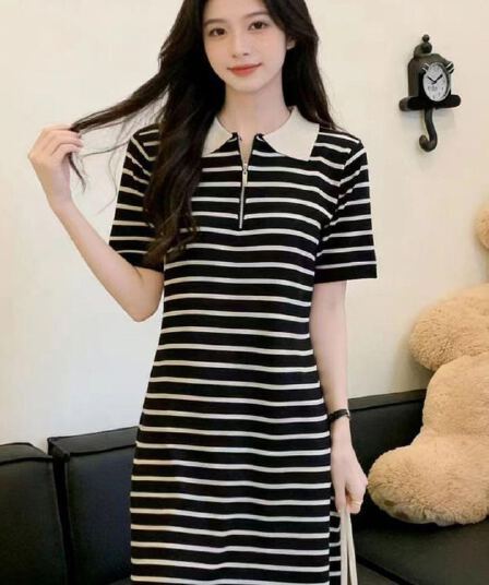 한국 스타일 스트라이프 드레스 여자 2026 년 여름 새로운 polo 폴로 칼라 루즈핏 슬림해 보이는 캐주얼 중간 길이 스커트
