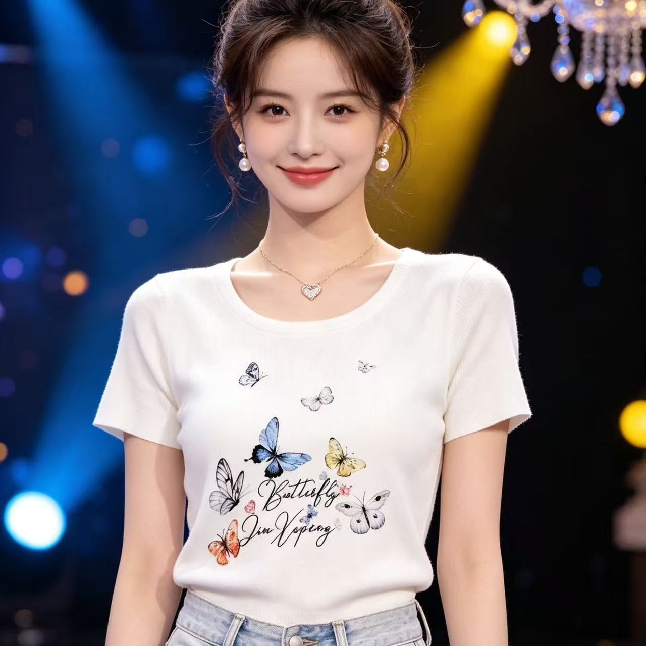2026 년 여름 패션 라운드 넥 나비 매듭 프린트 다용도 풀오버 반팔