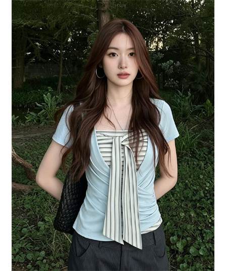 원본 것 한 부서 반팔 티셔츠 투피스 슈트 여성 여름 스트라이프 튜브탑 조끼 몸매 가꾸기 디스플레이 맨위