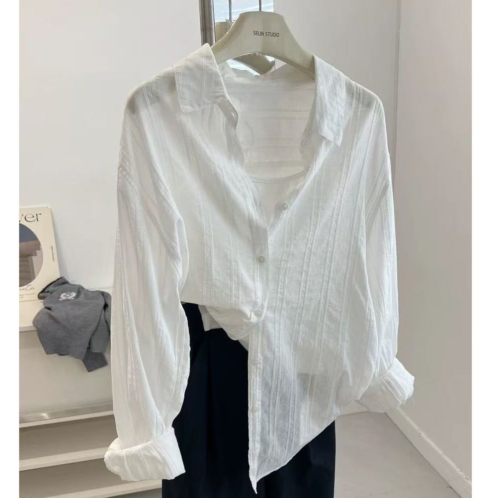 한 부서 chic 세련된 화이트 수직 질감 긴팔 여성 셔츠 루즈핏 느긋한 태양 보호 셔츠 맨위 가을 새로운 트렌디