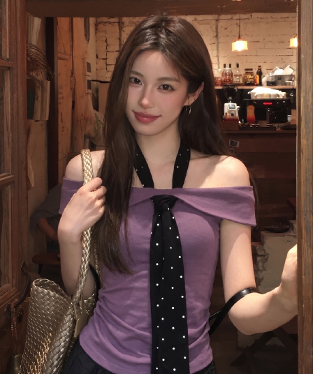 1 1 와 사고 방식 스노우 케이크 연인 순수한 욕망 핫걸 도트 무늬 넥타이 오프숄더 t 행침 목 디자인 주름 슬림해 보이는 맨위