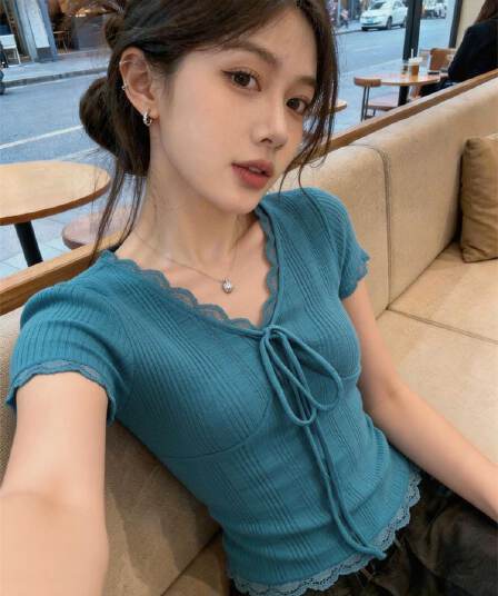 대나무 마디 한 부서 디자인 센스 핫걸 레이스업 반팔 티셔츠 여성 여름 몸매 가꾸기 슬림해 보이는 순수한 욕망 다용도 맨위