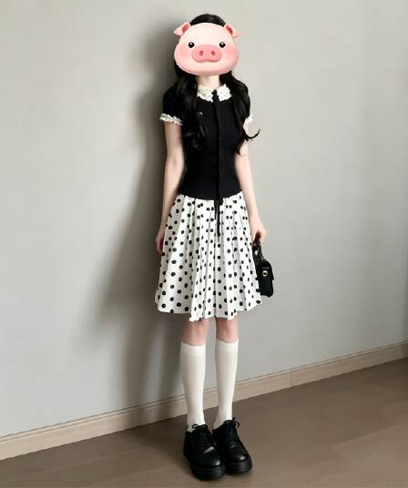 여름 프랑스식 레트로 학원 스타일 착용 가져 가라. 디자인 센스 레이스 소매 반팔 티셔츠 도트 무늬 품격 반신 치마 세트
