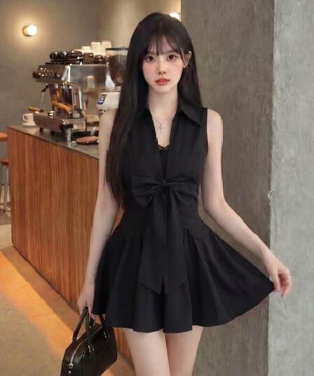 로얄 자매 그는 벤 바람 검정색 polo 셔츠 민소매 드레스 품격 슈퍼 잘 생긴 허리 수축 한 마디 퍼프 짧은 치마