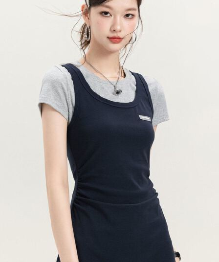 한국 스타일 디자인 센스 패치워크 페이크 레이어드 드레스 여성 의류 2026 년 여름 새로운 펌프 Pleat 몸매 가꾸기 품격 치마
