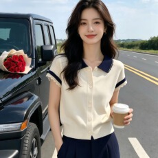 批发夏季新款复古轻熟小香风米杏色<b class='q'>蕾丝</b>拼接翻领短袖T恤<b class='q'>开衫</b>上衣爆款