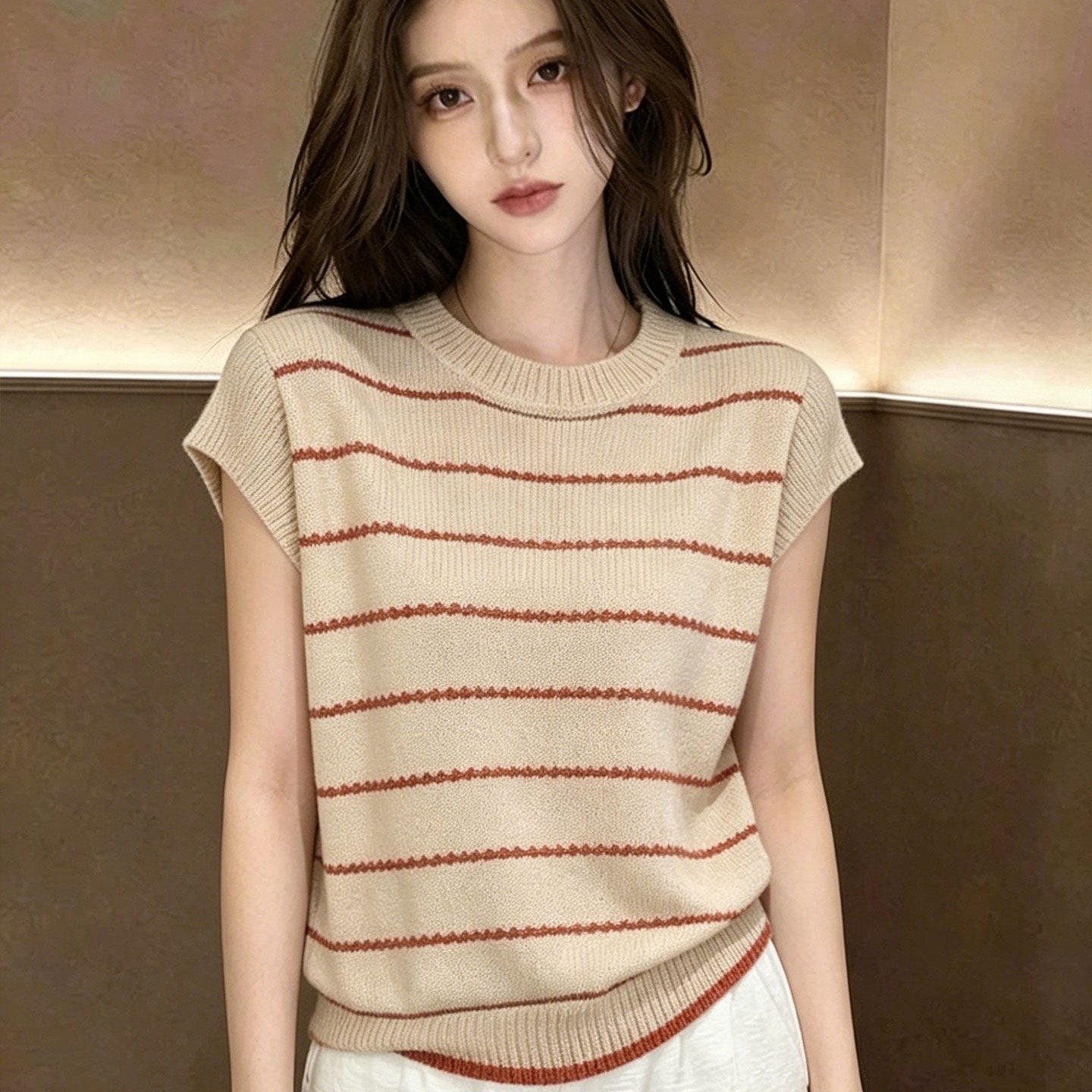 레트로 스타일 살구 색상 라운드 넥 풀오버 작은 날다 소매 짠 셔츠 여성 2026 여름 새로운 캐주얼 루즈핏 출퇴근 작은 셔츠