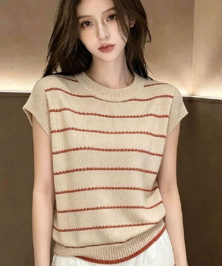 레트로 스타일 살구 색상 라운드 넥 풀오버 작은 날다 소매 짠 셔츠 여성 2026 여름 새로운 캐주얼 루즈핏 출퇴근 작은 셔츠