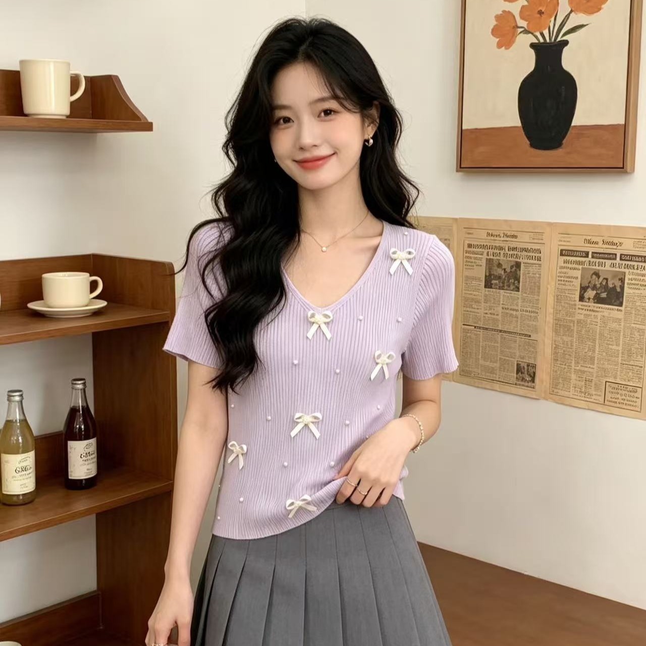 2026 년 여름 새로운 분위기 센스 V넥 3 차원 꽃 못 훈련 니트 풀오버 반팔