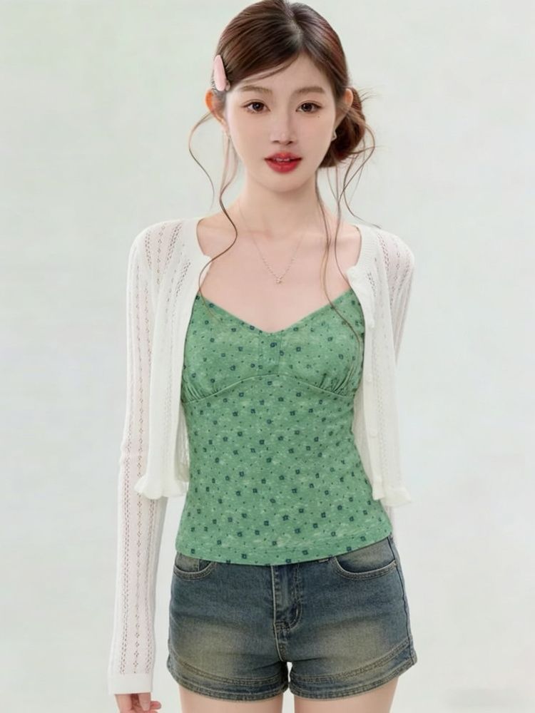 40d 메시 원단 한 부서 달콤함 핫걸 마이크로 ~을 통해 여성 여름 외부 가져 가라. V넥 꽃무늬 캐미솔 몸매 가꾸기 외출용 맨위