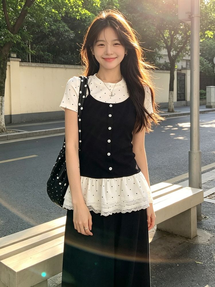 사람들 면 모방 면 한 부서 페이크 레이어드 긍정적 인 어깨 반팔 티셔츠 여성 여름 발레 바람 몸매 가꾸기 슬림해 보이는 아름다운 도트 무늬 맨위