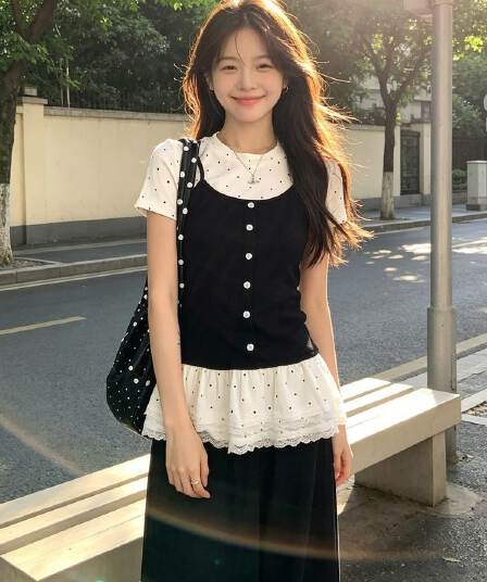 사람들 면 모방 면 한 부서 페이크 레이어드 긍정적 인 어깨 반팔 티셔츠 여성 여름 발레 바람 몸매 가꾸기 슬림해 보이는 아름다운 도트 무늬 맨위