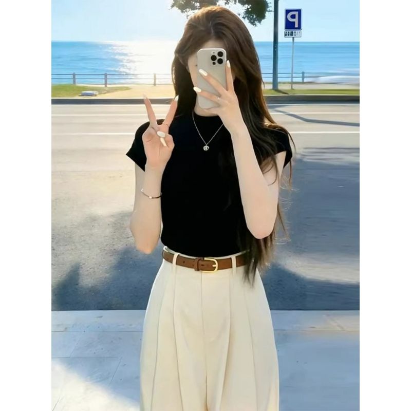 한 부서 그레이트 통해보기 가져 가라. 전체 집합 외국 가스 연령 감소 검정색 반팔 티셔츠 여성 여름 와이드 레그 팬츠 투피스 슈트