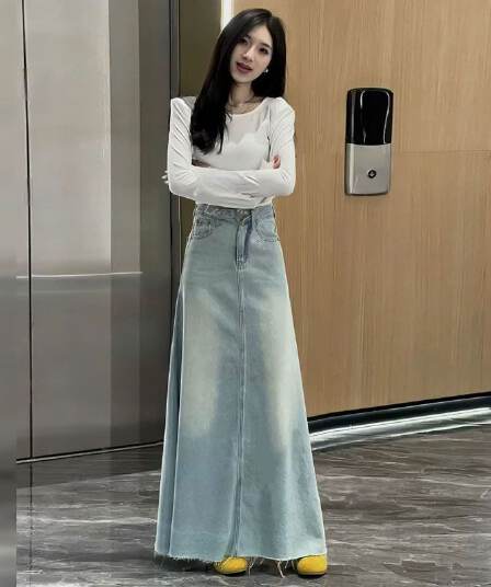 하늘색 품격 하이웨이스트 데님 반신 스커트 여성 의류 2025 봄 아메리칸 빅 사이즈 다용도 슬림해 보이는 한 마디 롱 스커트