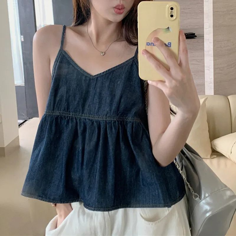 핫걸 데님 슬립 패션 품격 주름 디자인 프릴 루즈핏 V넥 인사이드 가져 가라. 민소매 조끼 맨위 여성
