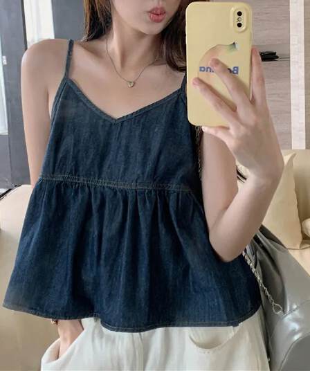 핫걸 데님 슬립 패션 품격 주름 디자인 프릴 루즈핏 V넥 인사이드 가져 가라. 민소매 조끼 맨위 여성