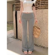 黑色草莓灰色微喇叭裤女夏季百搭低腰裤子弹力显瘦休闲裤拖地长裤