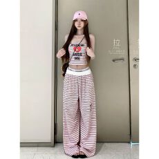 批发夏季减龄一整套穿搭又酷又飒大方得体别致独特绝美漂亮条纹套装<b class='q'>裤</b>