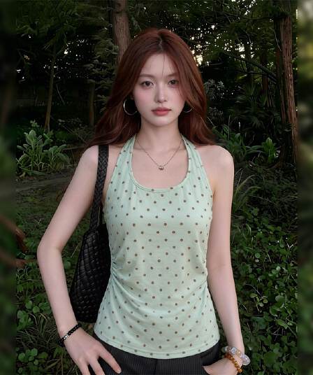 녹색 도트 무늬 행침 목 캐미솔 2026 새로운 여름 핫걸 몸매 가꾸기 섹시함 민소매 외출용 맨위