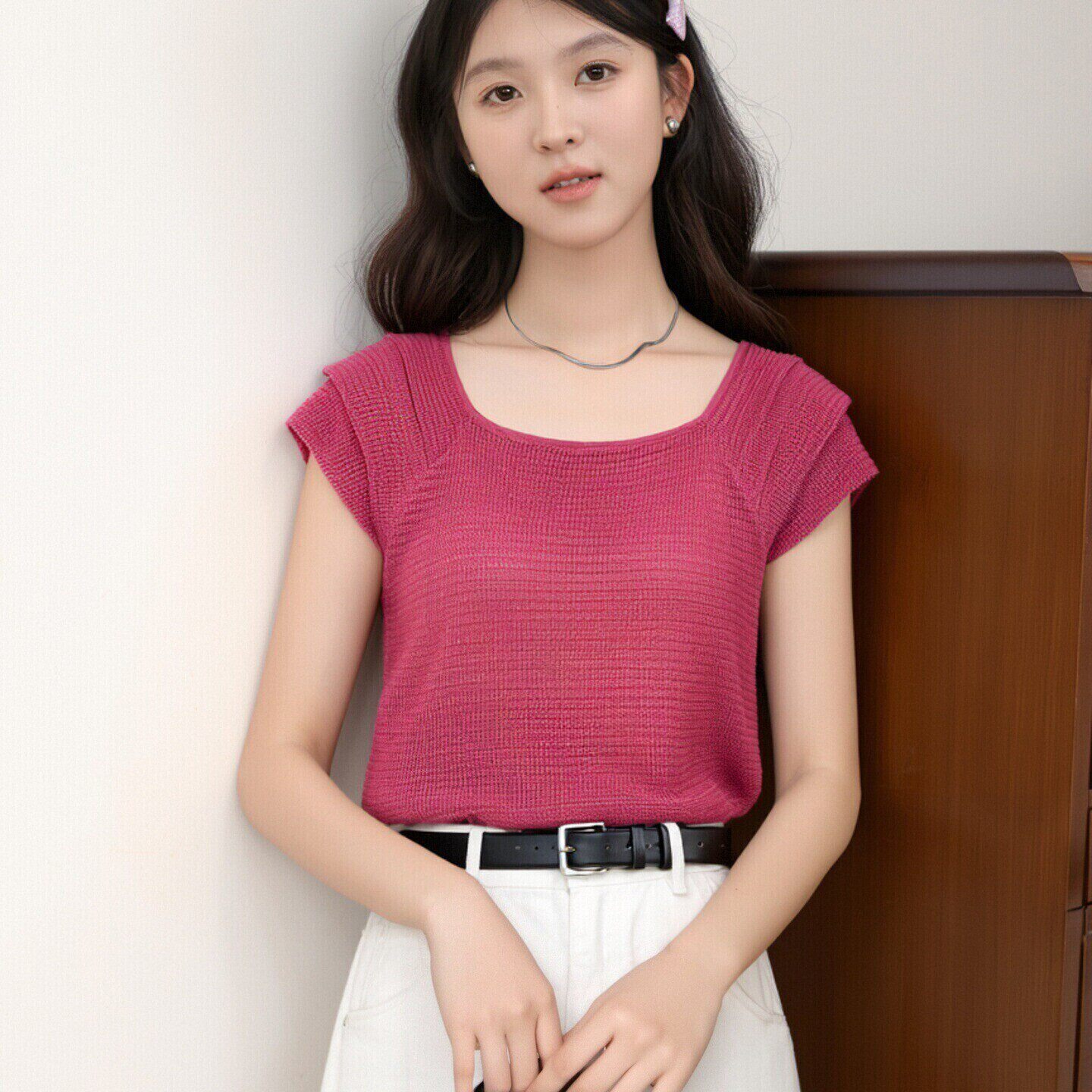 패션 달콤함 연령 감소 얼음 실크 맨위 여성 여름 새로운 부드러운 바람 품격 디자인 센스 니트 스웨터