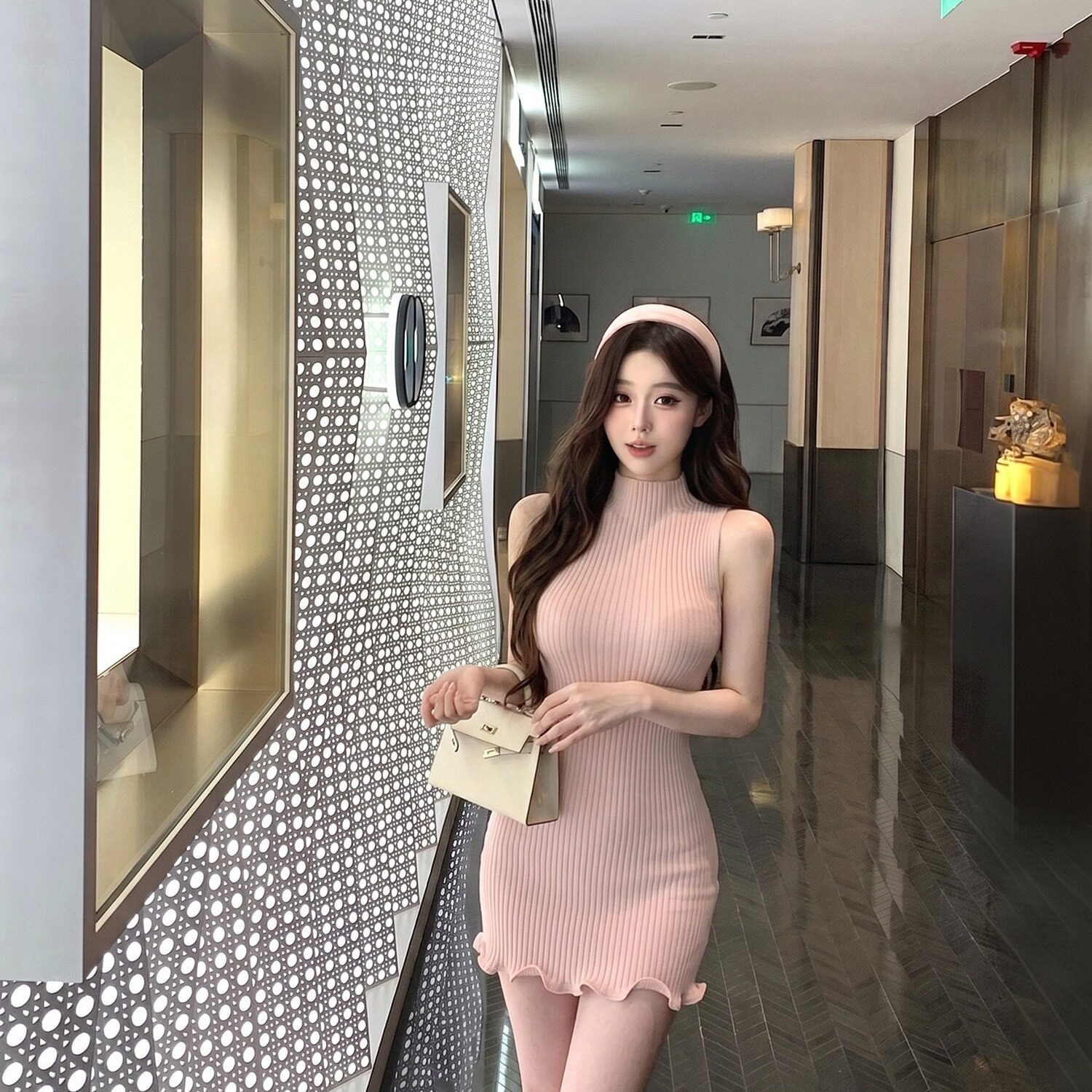 순수한 욕망 바람 반하이넥 민소매 니트 조끼 여성 드레스 여름 허리 수축 타이트 스커트 치마 품격 핑크색 미니 스커트