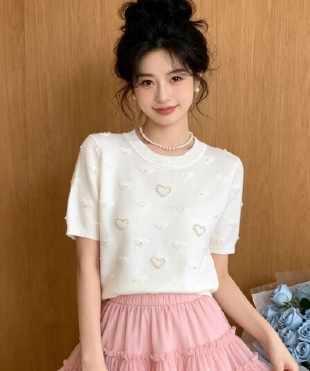 2026 외국 가스 연령 감소 라운드 넥 하트 자카드 비즈 박기 풀오버 반팔