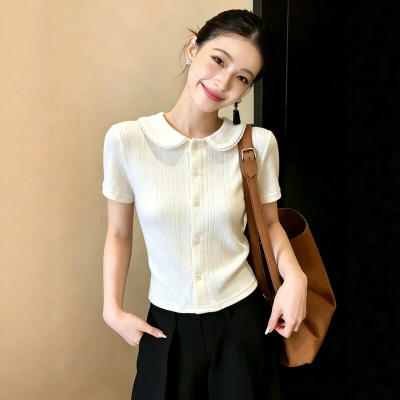 프랑스식 부드러운 바람 화이트 베이비 칼라 반팔 여성 셔츠 여름 작은 키 외국 가스 Chic 고유 한 아름다운 맨위
