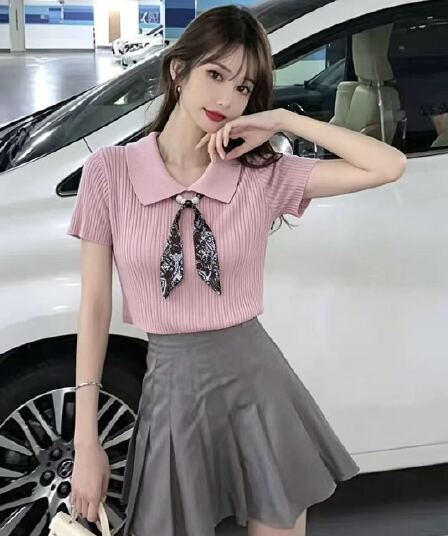 2026 디자인 센스 폴로 칼라 스카프 구덩이 기사 니트 풀오버 반팔
