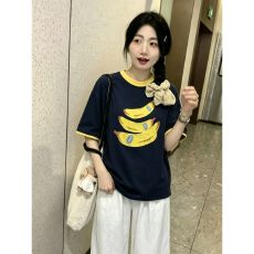 批发夏季美式休闲<b class='q'>运动</b>套装女香蕉印花撞色重磅短袖T恤女阔腿裤两件套