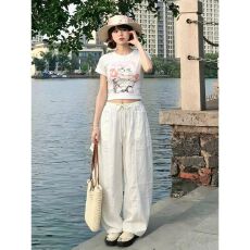 批发韩系甜妹休闲<b class='q'>运动</b>套装女夏季可爱卡通猫咪修身短袖阔腿裤两件套潮
