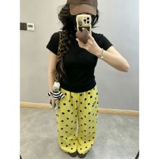 批发美式酷帅休闲<b class='q'>运动</b>套装女夏季半高领短袖波点阔腿裤洋气显瘦两件套