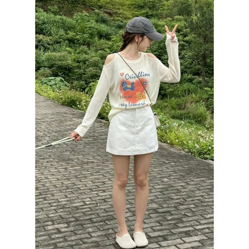 캐주얼 스포츠 슈트 여성 여름 루즈핏 얇고 가벼운 자외선 차단 블라우스 긴팔 티셔츠 미니멀리즘 다용도 미니 스커트 투피스 세트
