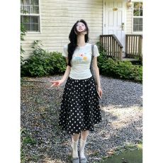 批发韩系ins风休闲<b class='q'>运动</b>套装少女夏季印花短袖T恤波点百褶半身裙两件套